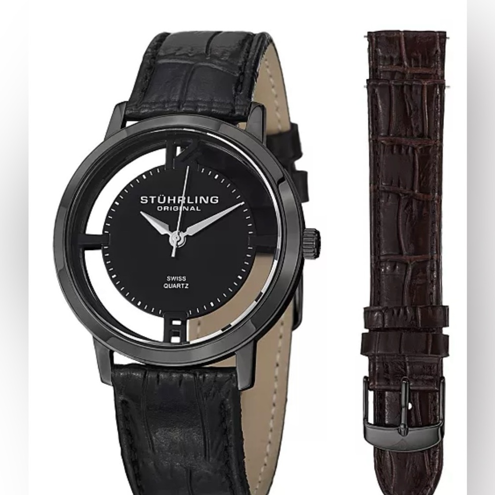 Stuhrling Black Alligator embossed interchangeable brown strap watch NWT